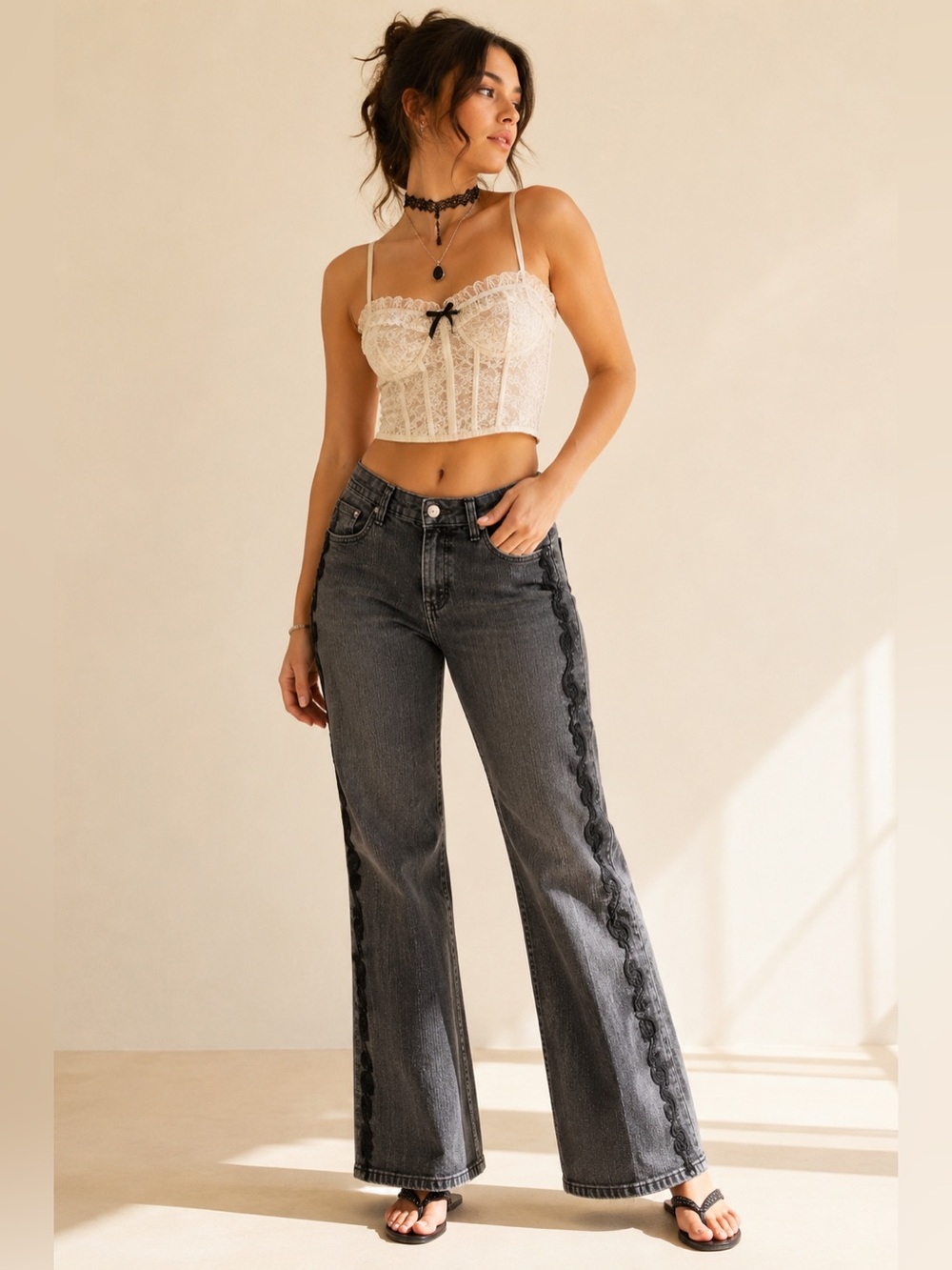 Y2K COS Fairy Goth Embroidered Bootcut Jeans Statement Denim Sz XL